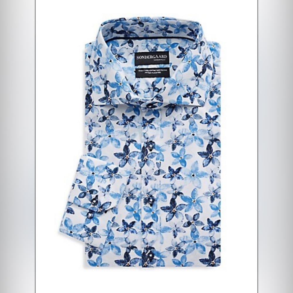 NWT Somdergaard Fitted Blue Floral Dress Shirt